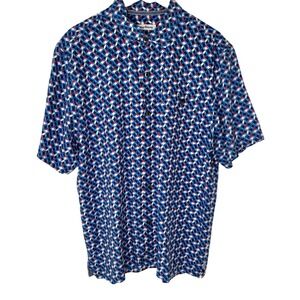 Tommy Bahama Mens Silk Camp Shirt Aloha Geometric Print Blue Red L G